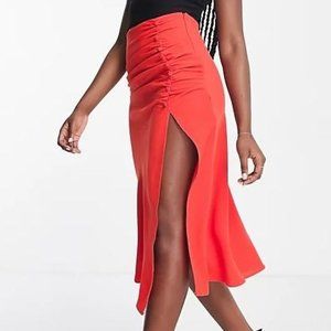 ASOS DESIGN midi skirt with ruched side and button detail in red size 12